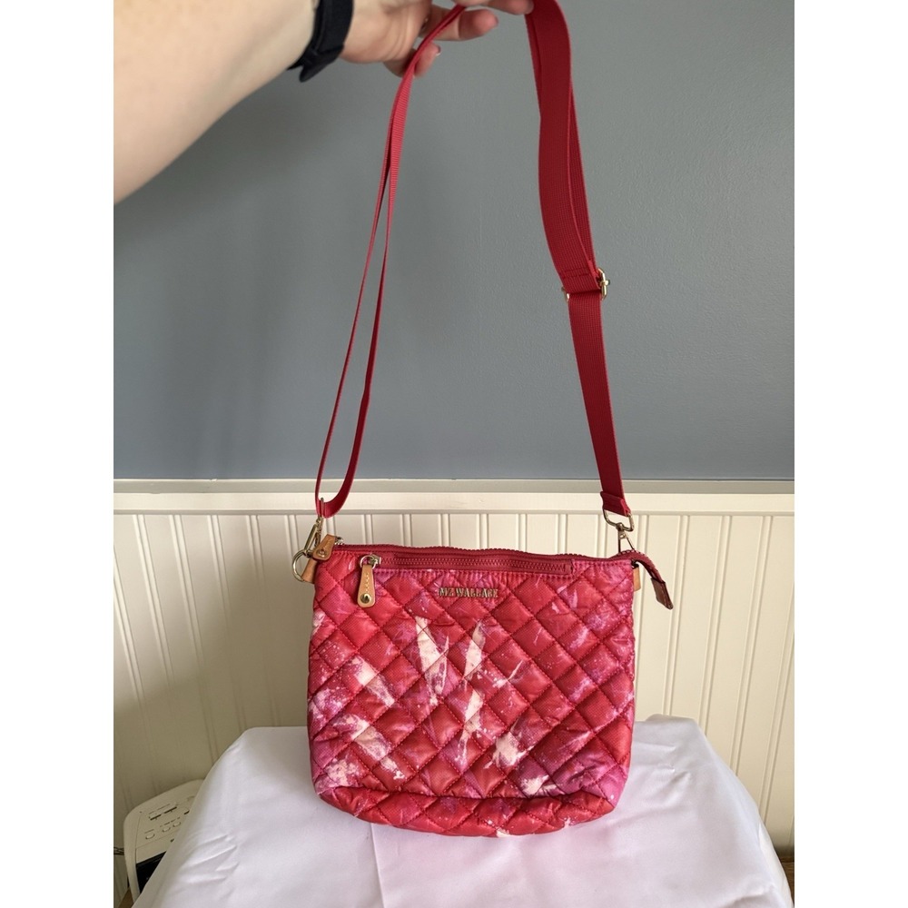 MZ WALLACE Metro Quilted Nylon Zip Crossbody Bag Purse Pink Red Tie Dye EUC